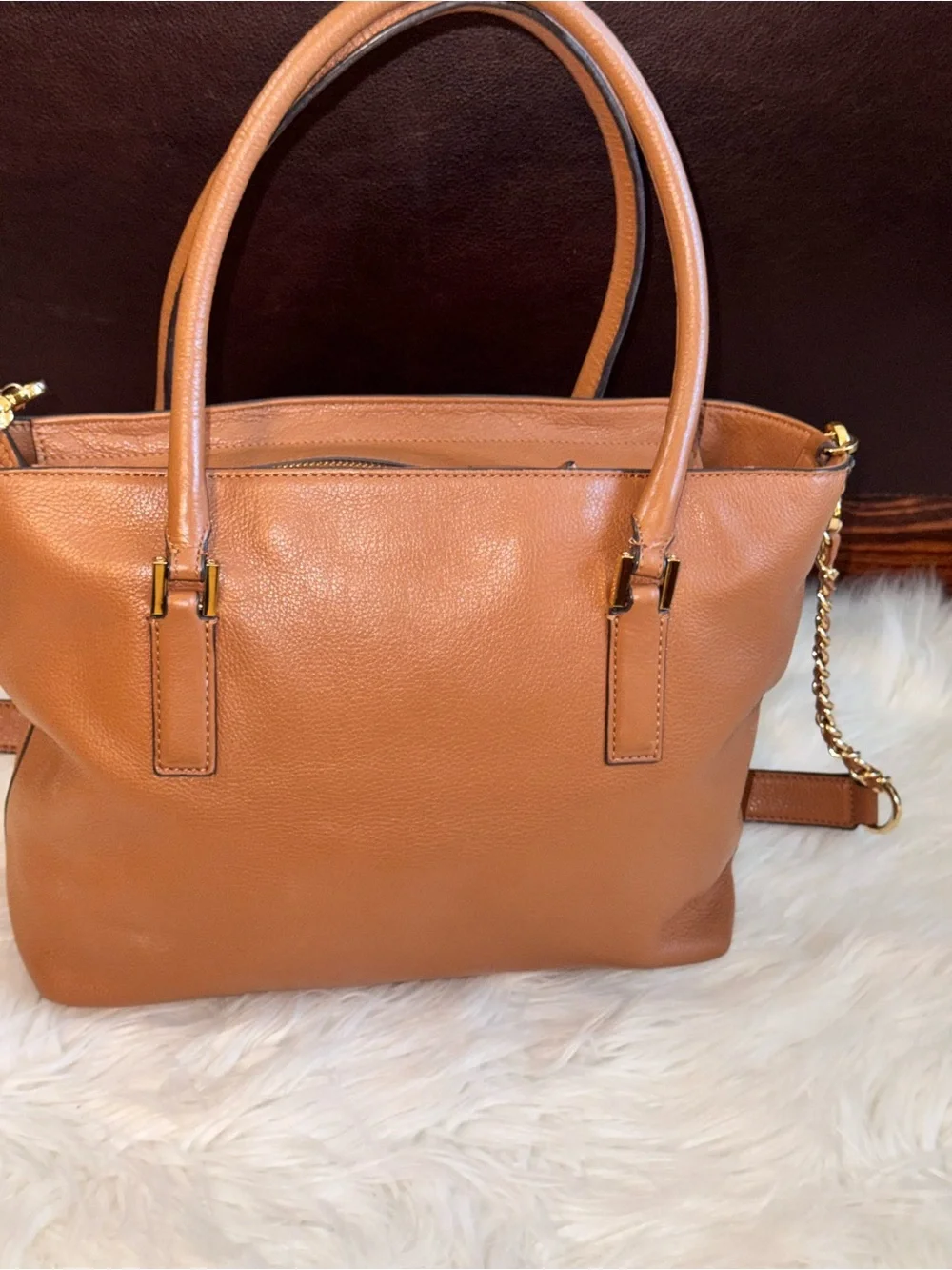 Tory Burch Cognac Pebbled Leather Tote with Tassel and Chain Strap